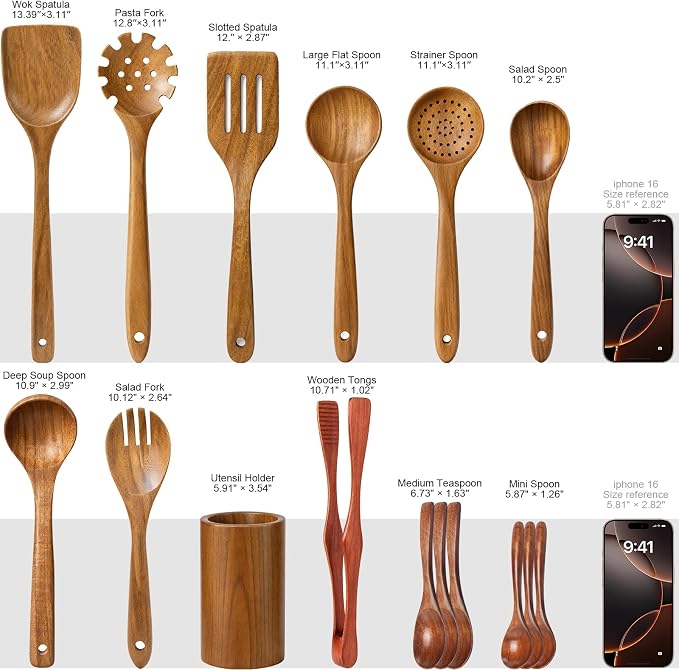 Wooden Spoons for Cooking, 16-Piece Wood Kitchen Utensil Set with Holder, Nonstick Safe Wooden Spatulas and Spoons, Smooth Cooking Utensils for Everyday Meals (A16) - Image 8