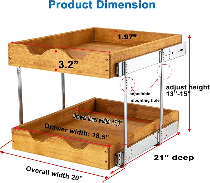 DINDON 2 Tier Pull Out Cabinet Organizer (20" W x 21" D) Wood And Metal Double Tier Slide Out Wood Drawer Under Cabinet Storage Organization - Image 2