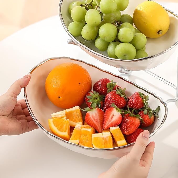 White Fruit Bowl with Silver Metal Stand, 3 Tier Modern Ceramic Fruit Bowl Fruit Rack for Kitchen Counter, Tiered Fruit Basket for Snacks Bread Candy Storage (White B,3 Tier) - Image 4