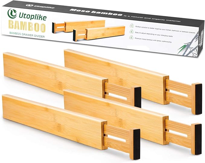 Utoplike 4 Pcs Bamboo Kitchen Drawer Dividers, Large Drawers Organizers | Adjustable Spring Loaded Expandable Organization, Works in Dresser, Bathroom, Bedroom, Office, Fit 17.8"-20.6" Drawer, 2.4"H - Image 6