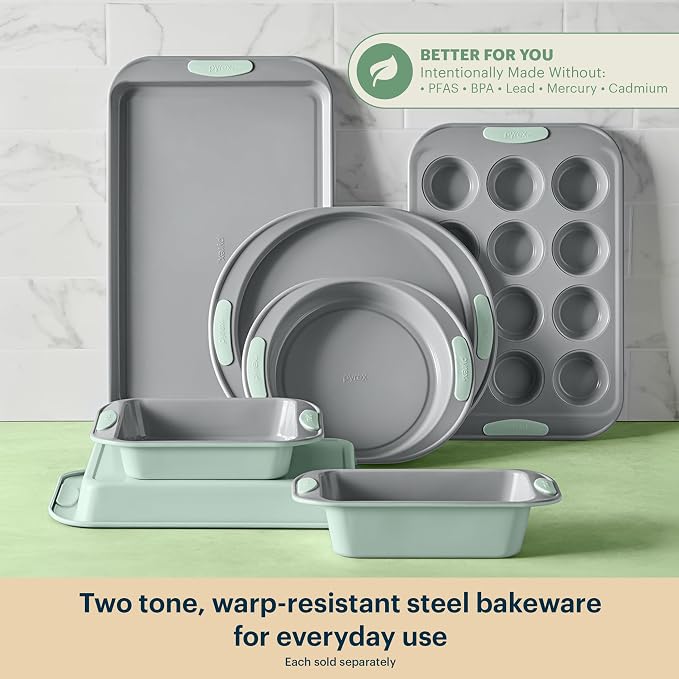 Pyrex 3-Piece Metal Cookie Sheet Bakeware Set with Heatsafe Handles, Sage | Lightweight stainless steel baking trays with heatsafe silicone handles, made without PFAS, mercury, lead, cadmium & BPA - Image 3