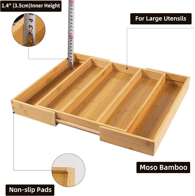 Utoplike Drawer Organizer Kitchen Utensils, Expandable Bamboo Cutlery Tray | Extendable Silverware Holder for Drawer, Flatware Caddy for Organized Kitchen, Apartment and RV, 3-5 Slots - Image 7