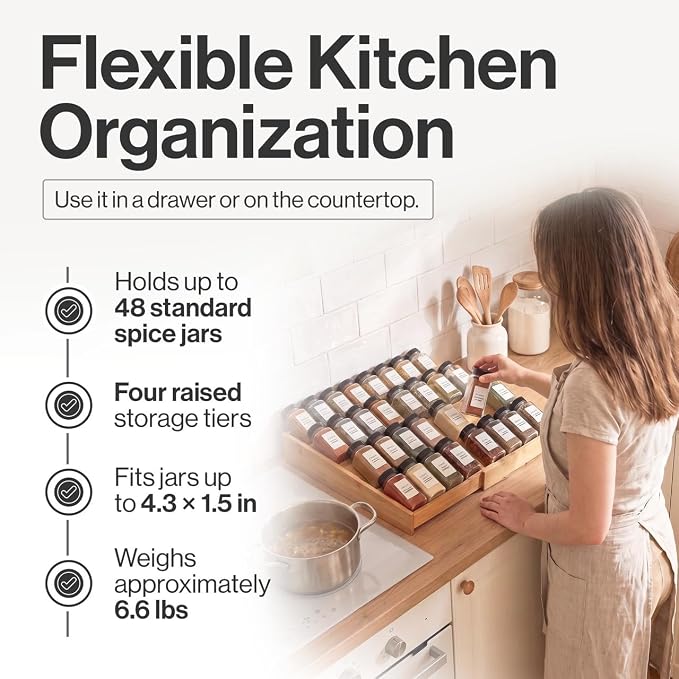 Bamboo Spice Drawer Organizer, Expandable 12 to 23 Inch Insert Holds 48 Jars, 4 Tier Seasoning Rack for Kitchen Drawer or Countertop, Adjustable Wood Spice Organizer - Image 4