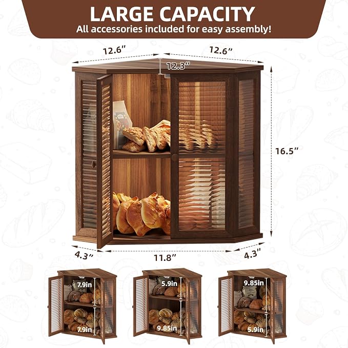 Corner bread box Bread Box for Kitchen Countertop - Corner Bread Storage Box 16.5" H, Premium Wood with Glass Door, Perfect for Homemade Bread, Baguettes & Pastries (Acacia brown) - Image 3