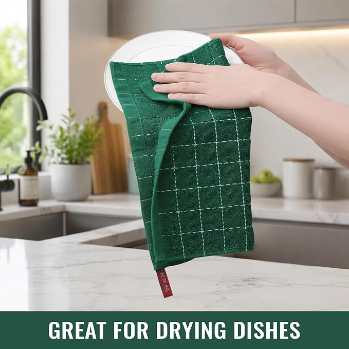 Kitinjoy 100% Cotton Terry Kitchen Dish Cloths, 8-Pack, Dark Green | Ultra Soft and Absorbent Dish Towels for Kitchen, Suitable for Drying and Washing Dishes, 12”x 12” - Image 5