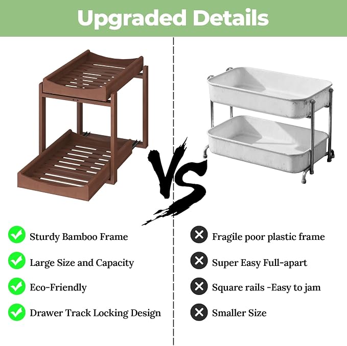 MHXW SXPN Bamboo Under Sink Organizer, 2 Pack Pull Out Cabinet Organizer | 2 Tier Vertical Smooth Slide Out Undersink Storage Shelf | Multi-Purpose Organizer Shelves for Kitchen Bathroom Medicine - Image 6