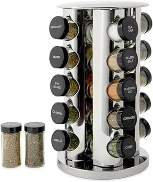 Kamenstein 20 Jar Revolving Countertop Spice Rack with Spices Included, FREE Spice Refills for 5 Years, Polished Stainless Steel with Black Caps, 30020 by Kamenstein