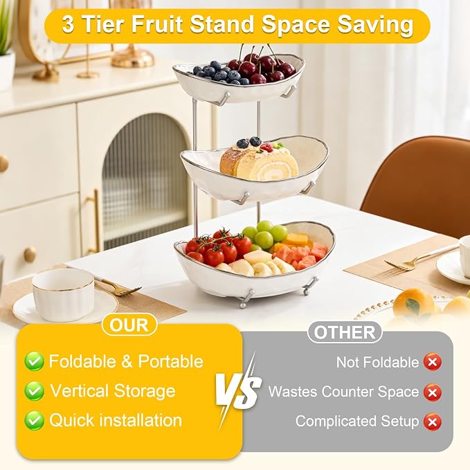 Fruit Bowl, 3-Tier Ceramic Fruit Bowl With Gold Metal Stand, Space Saving | Large Capacity, Decorative Design, Suitable For Kitchen, Dining Table, Party Display - Image 7