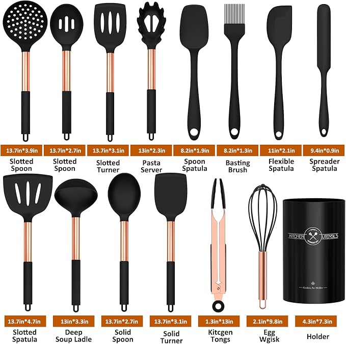 Silicone Cooking Utensil Set, Umite Chef Kitchen Utensils 15pcs Cooking Utensils Set Non-stick Silicone Rose Gold Handle Cooking Tools Whisk Kitchen Tools Set - Balck - Image 2