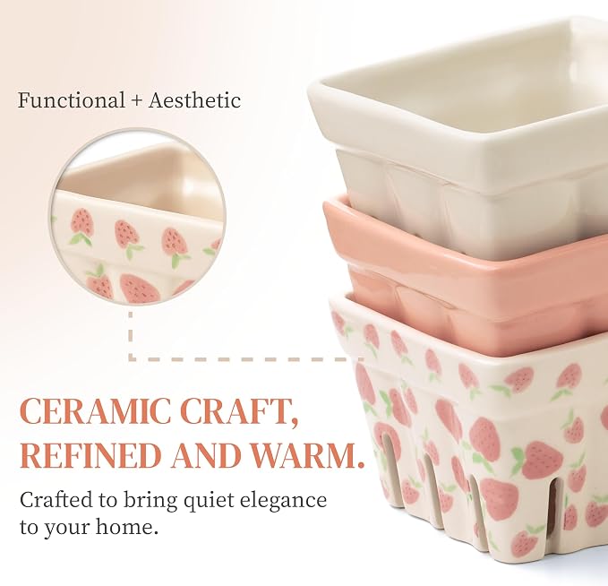 Ceramic Berry Basket, Farmhouse Colander, Strawberry Decor, Fruit Bowls, Fruit Baskets, Kawaii Strawberry Kitchen bowl, Pink White and Cute Strawberry pattern Stoneware Harvest Square Bowls Set of 4 | These cute Kawaii strawberry pattern stoneware bowl... - Image 4