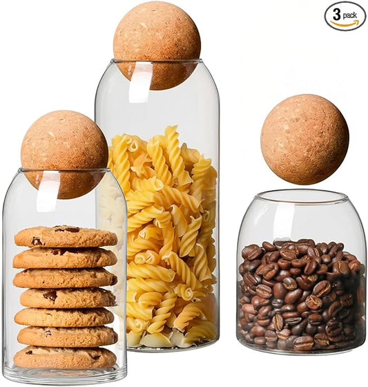 Glass Containers with Cork Lids Set of 3 500/800/1000 ml for Pasta, Coffee and Spices, Daily Use in the Kitchen, Elegant Design and Natural Airtight Closure by Wintem