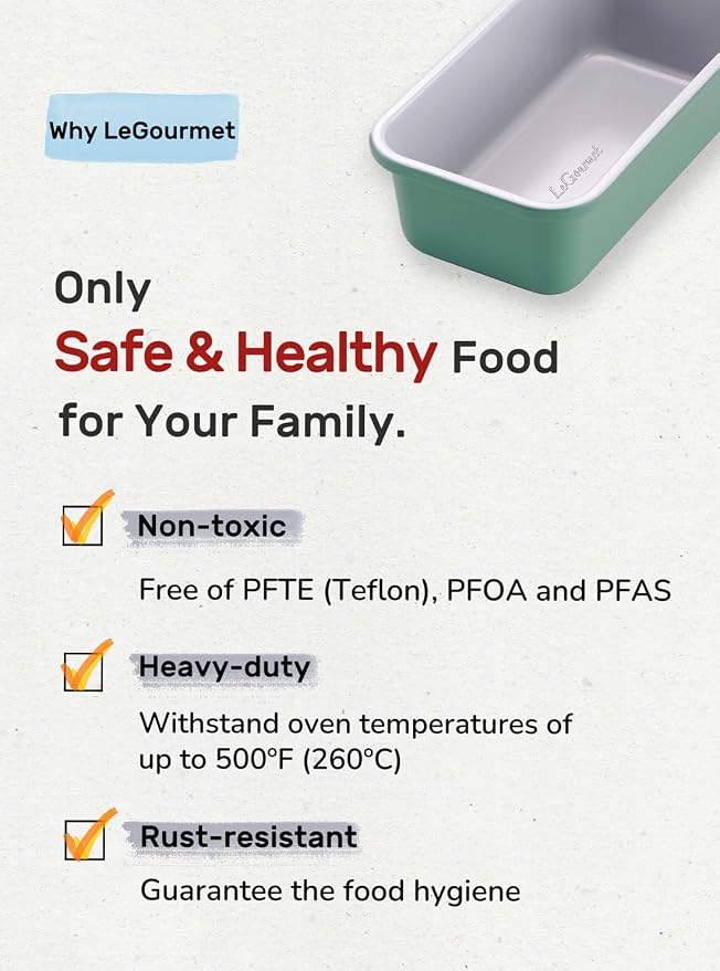LeGourmet Nonstick Bread Loaf Pan 9 X 5 Inch, Ceramic Coating, Non-Toxic, Rust Resistant Aluminized Steel, Perfect 1 lb Baking Dish for Meatloaf, Pound Cake & Brownie (Rosemary) - Image 4