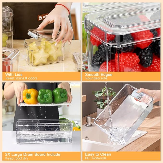 14Pack Fridge Organizer, Stackable Refrigerator Organizer Bins with Lids | BPA-Free Clear Plastic Storage Containers For Kitchen Cabinets, Fridge, Drinks, Fruits, Vegetables, Cereals, Counter Storage - Image 6