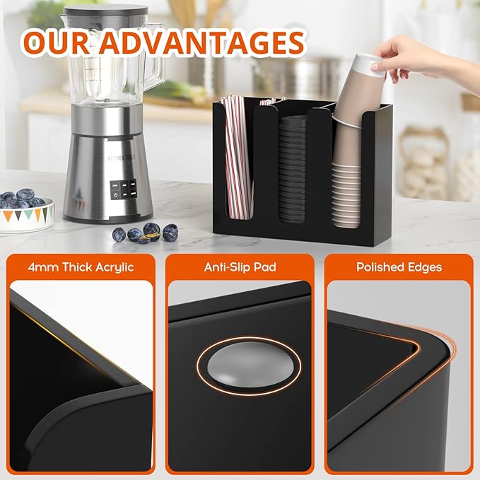 Richboom Acrylic Coffee Cup and Lid Storage Organizer Holder, 3 Compartments, Black - Image 5
