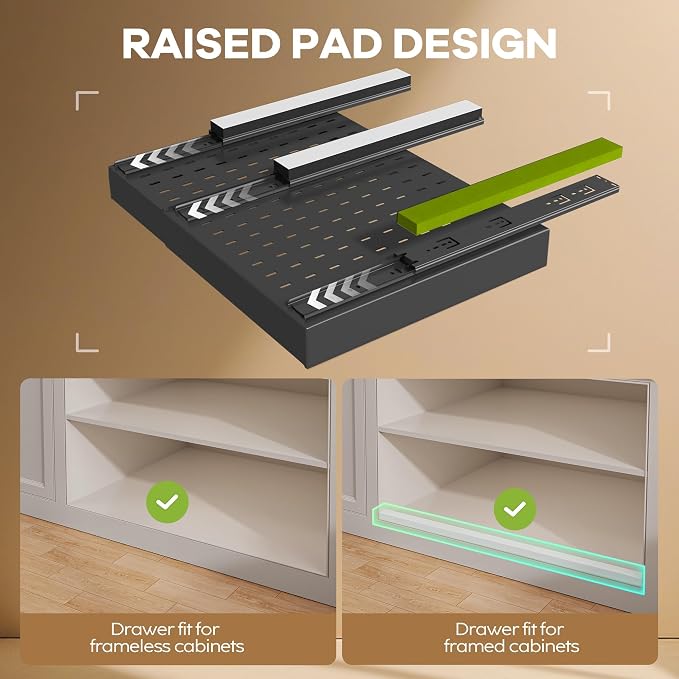 Seinloes 2 Pack Pull out Cabinet Organizer 21"Deep With Raising Pad for Framed Cabinets, Expandable Slide out Drawers for Kitchen Cabinets with 4pcs Divider Racks, Roll out Shelves 12.1"-20.4" W Black - Image 2