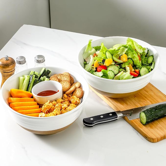 HASENSE Large Ceramic Serving Bowls Set of 2, 84 Oz 9 Inch White & Terracotta Stoneware Mixing Bowls, Farmhouse Bowls for Salad, Baking, Popcorn & Side Dishes, Dishwasher & Microwave Safe - Image 5