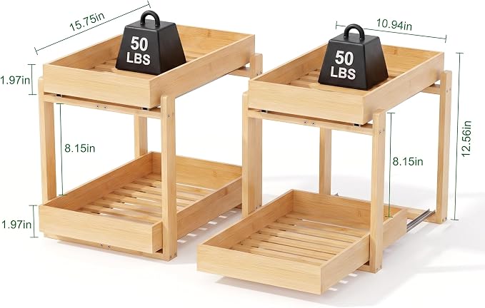 MHXW SXPN Bamboo Under Sink Organizer, 2 Pack Pull Out Cabinet Organizer | 2 Tier Vertical Smooth Slide Out Undersink Storage Shelf | Multi-Purpose Organizer Shelves for Kitchen Bathroom Medicine - Image 2