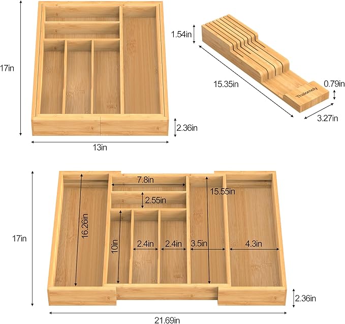 Bamboo Kitchen Drawer Organizer, Expandable Silverware Organizer with Removable Knife Block, 6-8 Slots- Utensil Holder & Cutlery Tray Drawer Dividers, 2.36" Deep for Extra Capacity, Natural - Image 5