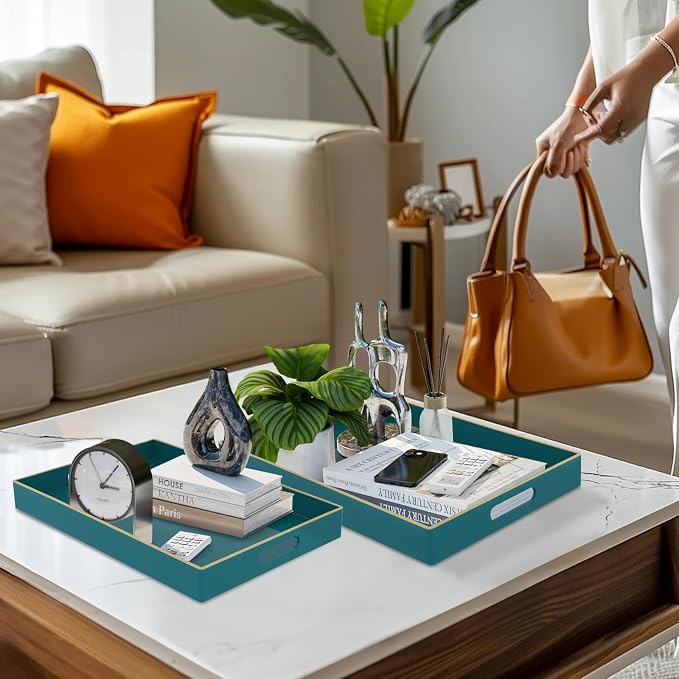Green Serving Tray with Handles, Plastic Decorative Tray Set of 2 | Decorative Tray for Coffee Table, Modern Ottoman Tray, Rectangle Melamine Tray for Living Room, 15.8"L x 10.2"W x 1.4"H - Image 5