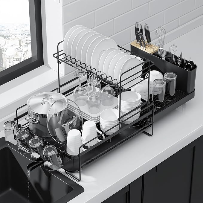 Kitsure Extendable Dish Drying Rack, 19.2"-26.7" L x 12.9" W, 2-Tier | Large Dish Rack, Multifunctional Dish Rack for Kitchen Counter, Anti-Rust Dish Drainers with Cutlery & Cup Holders, Black by Kitsure