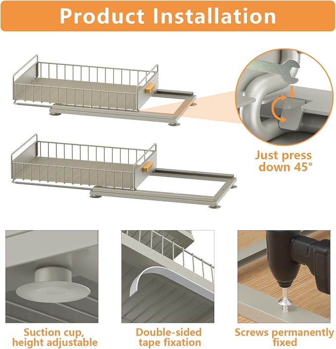 Under Sink Organizer, Single Tier Metal Pull Out Sliding Drawer Shelf for Kitchen Bathroom Cabinet Storage, Sturdy Rack – Gray - Image 2