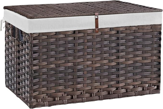 180L Wicker Storage Basket with Lid, Handwoven Rattan Large Shelf Basket with Removable Liner, 47.6 Gallon Wicker Basket for Blanket, Storage Trunk with Handle for Closet, Bedroom, Livingroom, Brown by Hiagnete