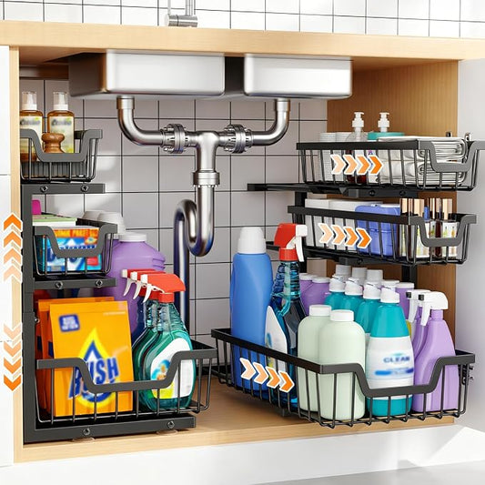 Under Sink Organizer, 2-Pack 3-Tier Height Adjustable Thickened Metal Pull out Cabinet Organizer Shelf, Slide out Storage Drawer Rack for Bathroom Kitchen Pantry Home Laundry Organization (Black) by Unknown
