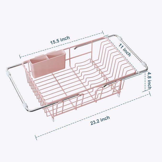 JASIWAY Pink Dish Drying Rack in Sink, Dish Drainer with Utensil Holder | Over The Sink Expandable Stainless Steel Strainer Dryer Rack for Small Kitchen, Counter Space Saving, Fast Drain, Rustproof - Image 7