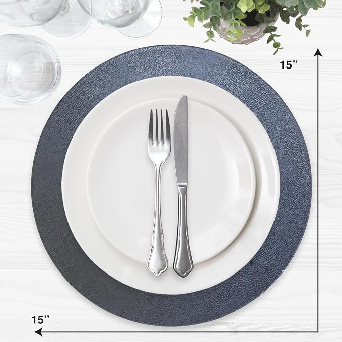 Placemats Set of 6 – Round 15” Faux Leather Table Mats for Dining, Heat Resistant & Non-Slip Washable Table Decor, Indoor, Outdoor, Dining Table Set for 6, Modern Kitchen & Holiday Use, Navy - Image 3