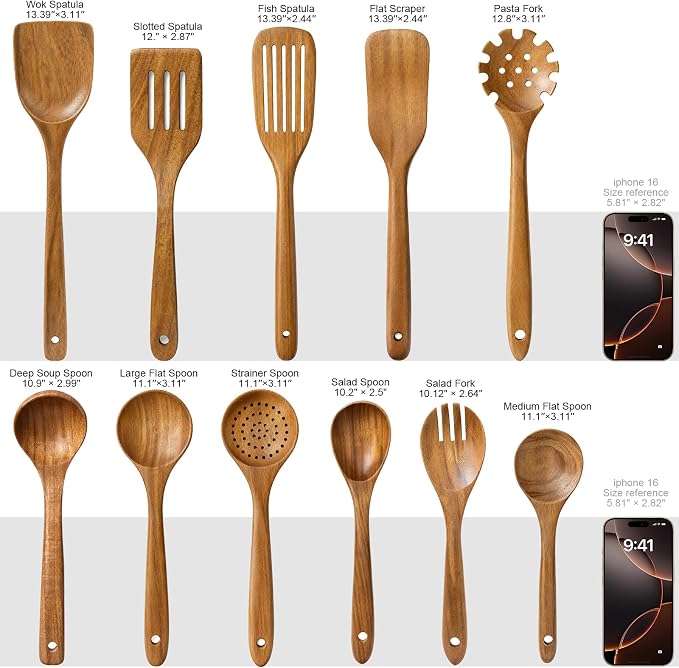 Wooden Spoons for Cooking, 11-Piece Acacia Wood Kitchen Utensil Set, Nonstick Safe Wooden Spatulas and Spoons, Heat Resistant Cooking Utensils for Everyday Meals (A11) - Image 7