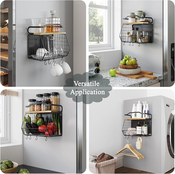 Magnetic Shelf for Fridge with Wood Lid, Heavy Duty Fruit Basket, Fruit Potato and Onion Storage Bins, Magnetic Spice Rack for Refrigerator, Black Hanging Wire Basket for Kitchen Counter - Image 7