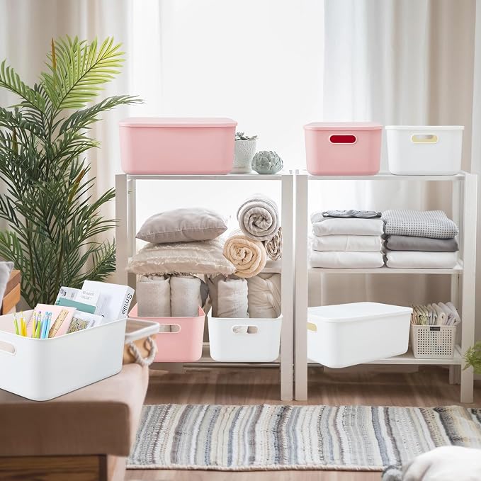 8 Pieces Colorful Storage Bins with Lid, Plastic Storage Basket Organizing Container Stackable Box with Handle for Shelves Desktop Playroom Office(13.8 x 9.8 x 5.9 Inch,White and Pink) - Image 7
