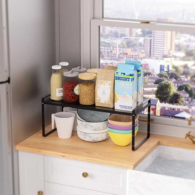 SANNO Expandable Kitchen Shelf Organizers,Adjustable Height Large Stackable Kitchen Cupboard Cabinet, Pantry and Counter Shelf Organizer, Cupboard Stand Spice Rack, Black, 2 Pack - Image 6