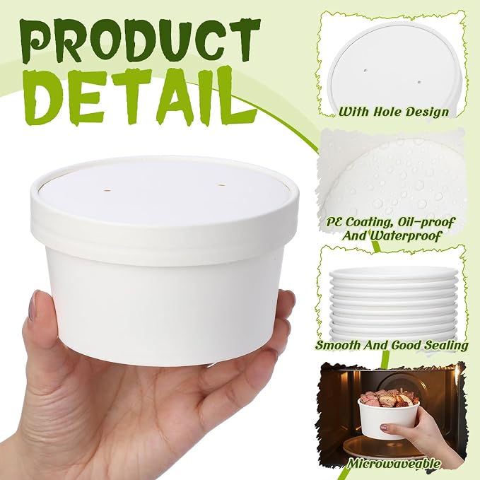 Fulmoon 100 Pack Paper Soup Containers with Lids Disposable Paper Food Containers with Vented Lid Kraft Ice Cream Cake Dessert Cups Soup Bowl for Party Hot Food Fruit Microwave(15 oz,White) - Image 3