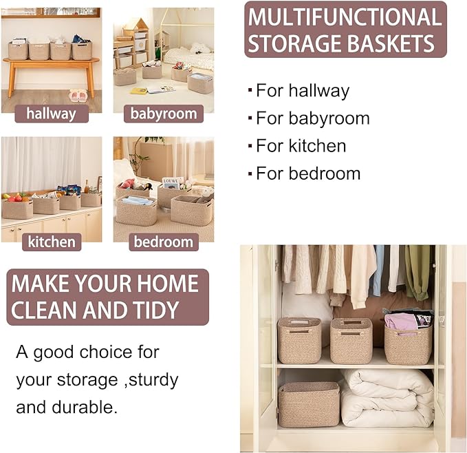 OIAHOMY 4 Pack Storage Baskets for Organizing, Cube Storage Bins for Shelves, Rectangle Storage Baskets With Handles, Woven Baskets for Storage, 12.7''Lx9''Wx7.8''H, Mixed Brown - Image 6