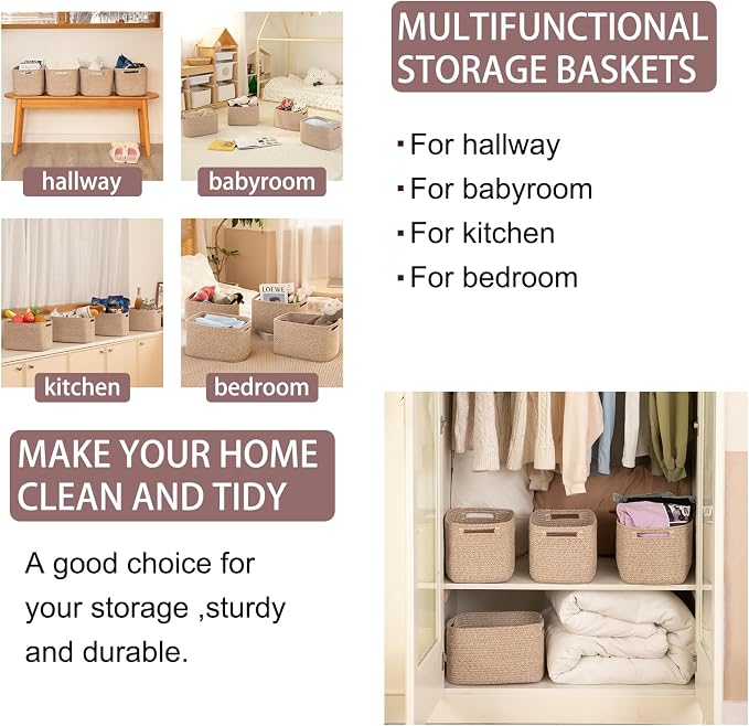 OIAHOMY 4 Pack Storage Baskets for Organizing, Cube Storage Bins for Shelves, Rectangle Storage Baskets With Handles, Woven Baskets for Storage, 16''Lx12''Wx8''H, Brown - Image 6