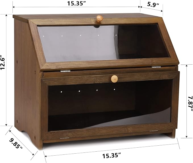 HOMEKOKO Double Layer Bread Box, Wooden Bread Storage Bin, Brown | Keeps Bread Fresh 3-4 Days, Large Capacity Fits 2+ Loaves, Suitable For Home Kitchen Food Storage Use, See-Through Window - Image 5