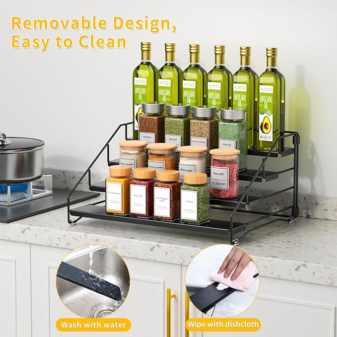 4 Tier Spice Rack Organizer for Cabinet, Depth Adjustable Spice Rack,1 Pack | Black, Metal Spice Organization for Cabinet, Easy Visibility, Tiered Spice Shelf Perfect for Cabinet, Pantry and Countertop - Image 4