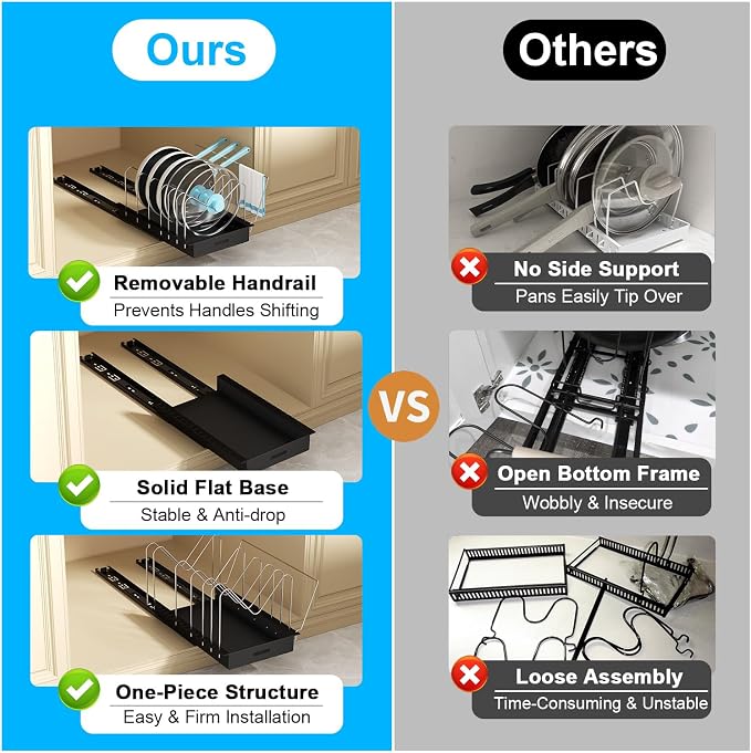 Pots and Pans Organizer Under Cabinet, Pot Lid Holder, 2 Pack | No Drill Slide-Out Pan Organizer with Adjustable Dividers & Handle Bracket, Pan Storage Inside Cabinet for Kitchen - Image 3