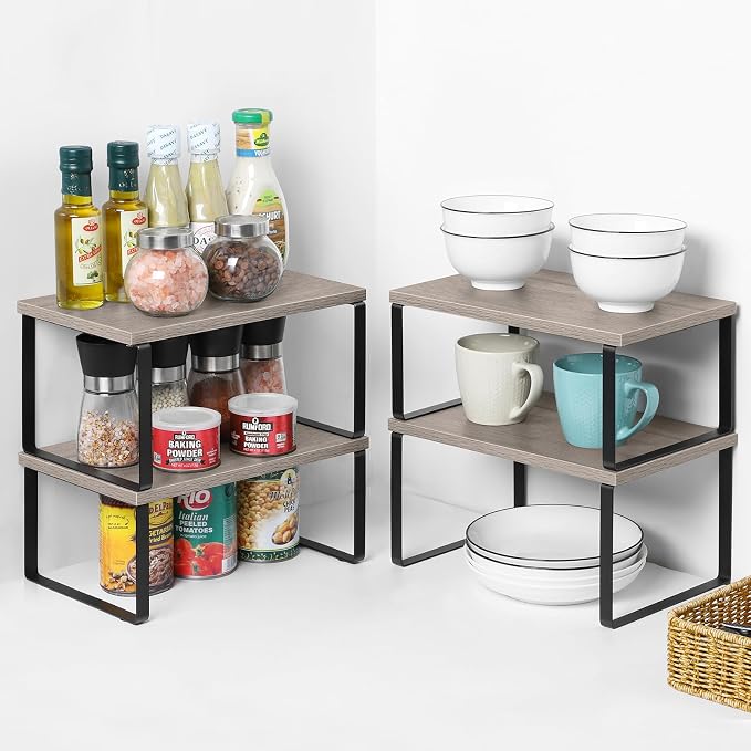 NEX Kitchen Cabinet and Counter Shelf Organizer, Shelf Riser for Pantry Countertop Cupboard Desk Top, Stackable & Expandable, Set of 4, Black and Greige | Stackable & Expandable Spice Rack, Space-Saving Pantry Organizers Bathroom Countertop Storage, Bl... - Image 4