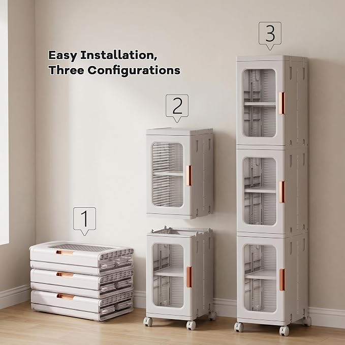 3-Tier Tall Narrow Plastic Storage Cabinet of 2, Foldable | Rolling Organizer with Lid,Doors,Stackable, Adjustable Shelves, Durable PP,Freestanding Bathroom Cabinet for Small Slim Space - Image 3