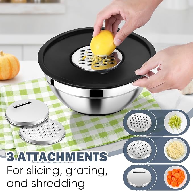 E-far Mixing Bowls with Airtight Lid Set, 25PCS Stainless Steel Nesting Prep Bowls with Grater Attachments Non-Slip Bottoms for Cooking, Baking, Serving, Food Storage, 4.6/2.6/2/1.5/1/0.7QT - Black - Image 3