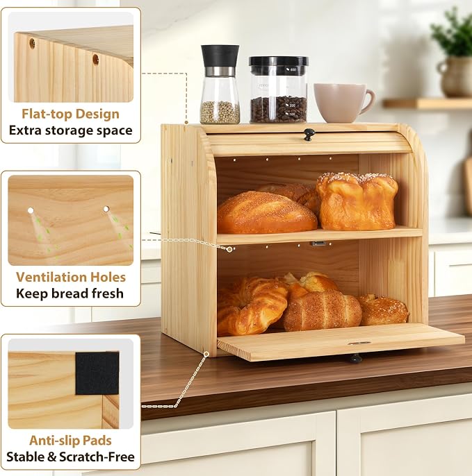 Sunhoo Wooden Bread Box for Kitchen Countertop, Roll Top Breadbox, Natural | Large Double Layer Pantry Container, Solid Wood with Cutting Board, Fresh Homemade Sourdough Bin Cabinet, Vintage Farmhouse - Image 6