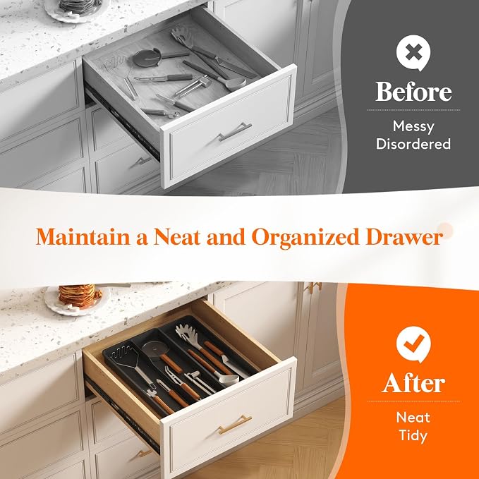 Lifewit Utensil Organizer for Kitchen Drawer, Expandable Cooking Silverware Tray, Adjustable Cutlery Flatware Holder, Plastic Spatula Tools Storage Divider, 14.4 x 15.8", Black - Image 8