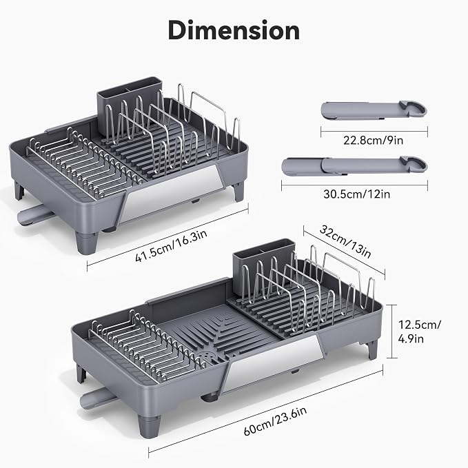 Urackify Large Dish Drying Rack, Expandable Dish Drainer, Gray | Extendable 16.3" to 23.6" L, with Drainboard & Utensil Holder, Anti-Rust, Fits Any Sink, High capacity, Easy to Install - Image 2