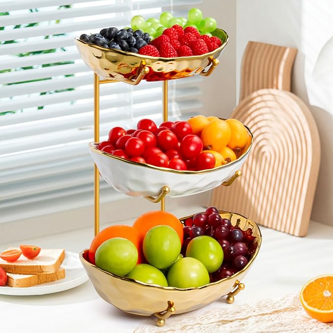 LIJINGCHEN 3 Tier Fruit Basket for Kitchen Counter, Modern Ceramic Fruit Bowl with Gold Metal Stand, Tiered Fruit Tray for Countertop, Snacks, Nuts, Cakes, Desserts, Candy by LIJINGCHEN