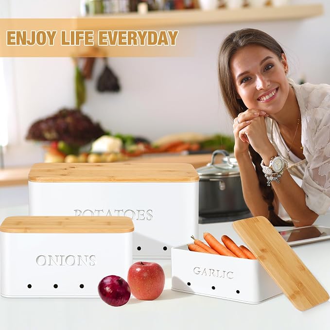 Honeydak 3 PCS White Potato Onion Garlic Storage Bins Set, Metal Vegetable Keeper Containers with Lids Aerating Holes for Kitchen Counter Pantry Keep Fresh Longer Farmhouse for Sweet-potato Fruit - Image 6