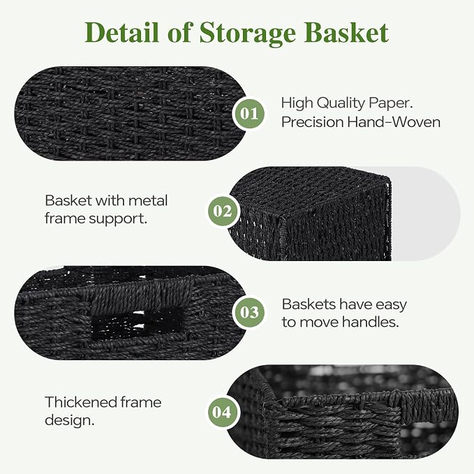 Patvingot 11-Inch Paper Rope Wicker Basket with Built-In Handles,4 Pack | For books, throws and accessories on open shelves, decorative woven texture, metal frame supports the shape, folds flat - Image 5