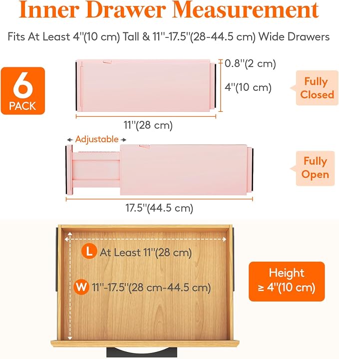 Lifewit 6 Pack Drawer Dividers 4" High 28-43.5cm/11-17" Adjustable Drawer Organizer for Clothes/Utensils, Expandable Drawer Separator in Dresser/Kitchen/Bedroom/Office Organization & Storage Pink - Image 2