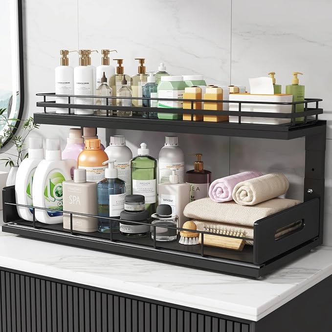 Under Sink Organizer Upgrade To Professional Rails,2-Tier Dual Pull Out Cabinet Storage,Height Adjustable Slide Out Drawers For Bathroom Kitchen,1 Pack-21"Dx12.8"-16.9"H,Black - Image 8